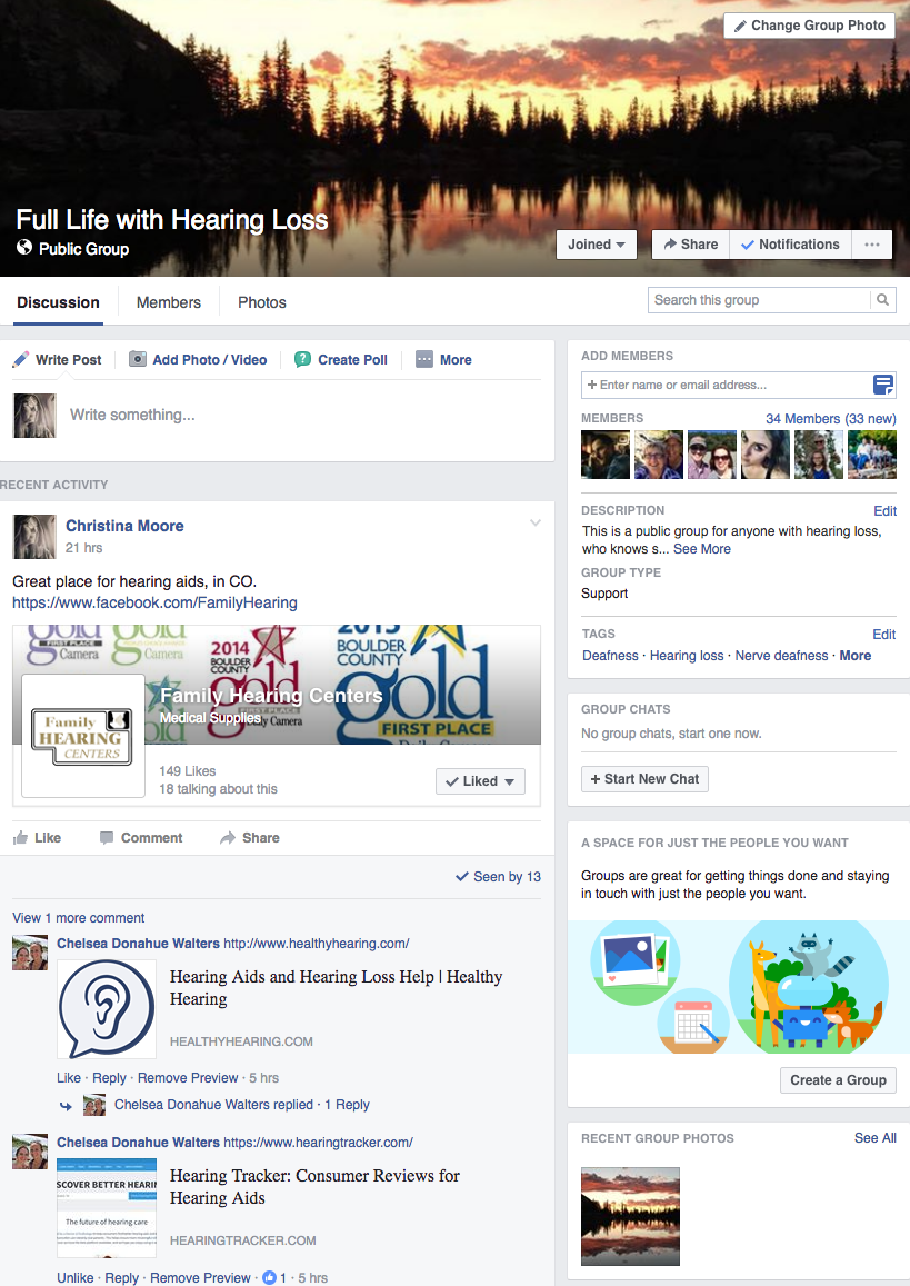 Screen shot of facebook page, full life with hearing loss